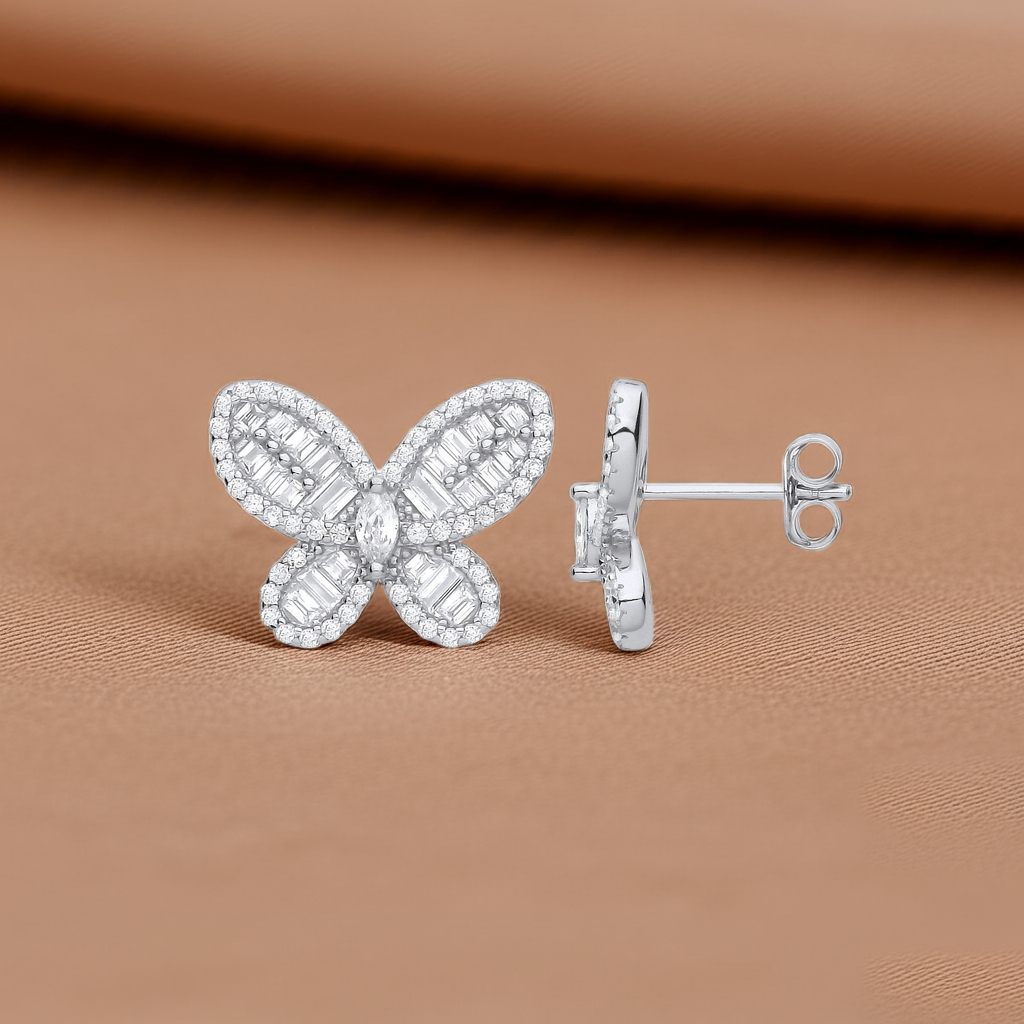 Silver Cubic Zirconia Butterfly Studs - 4.4g