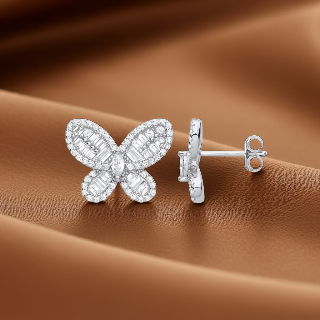 Silver Cubic Zirconia Butterfly Studs - 4.4g