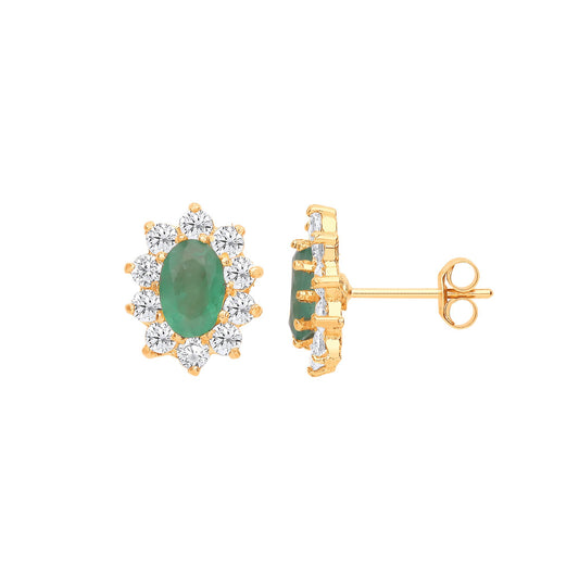 9ct Yellow Gold Emerald & Cubic Zirconias Cluster Studs