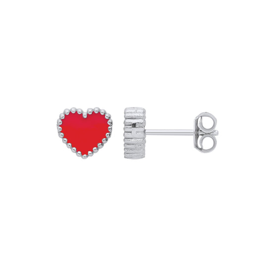 Silver Red Enamel Heart Studs