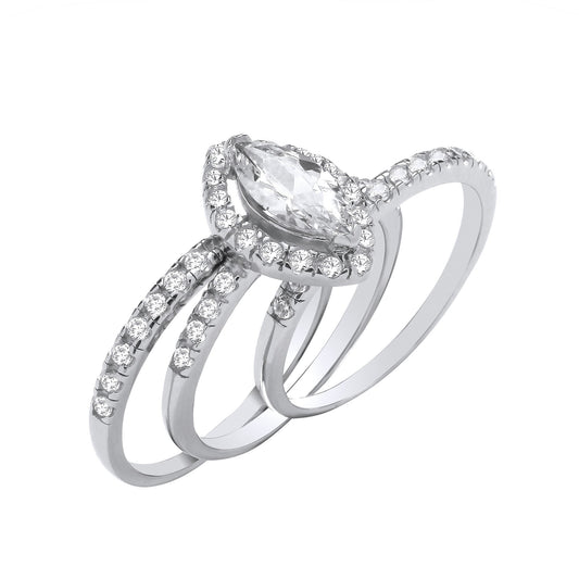 Silver Bridal Set Marquise Halo Cubic Zirconia Half Eternity 3 Rings
