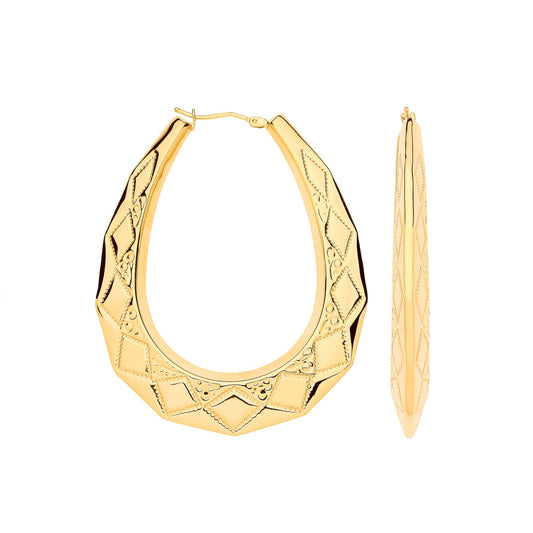 Yellow Gold Diamond Cut Oval 55mm Long, Large Creoles