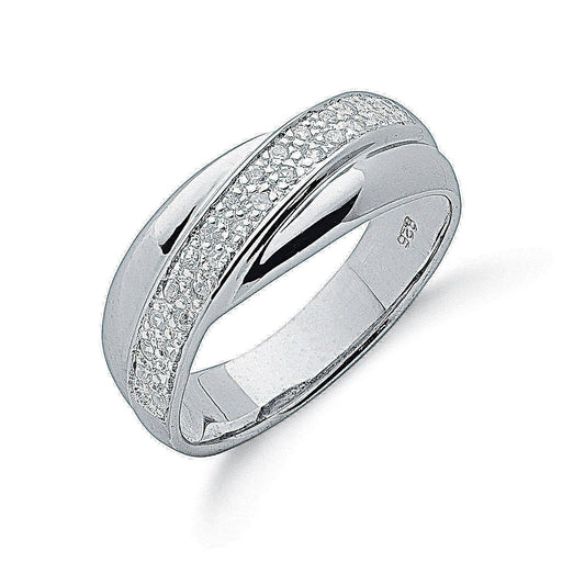 Silver Pave Set Cubic Zirconia Crossover Ring