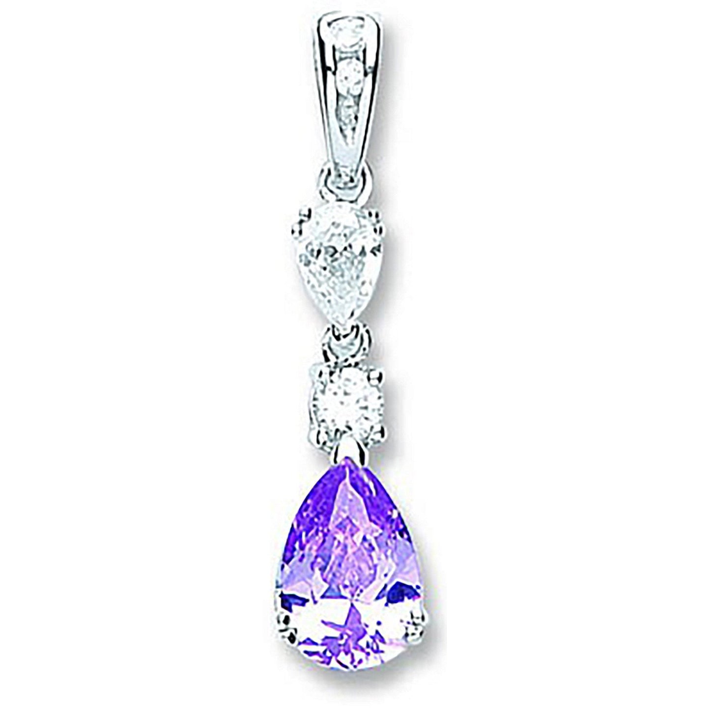 Silver Purple & White Pear Shaped Cubic Zirconia Drop Pendant