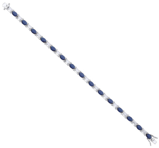 Silver Blue Oval & Clear Emerald Cubic Zirconias Tennis Bracelet