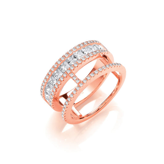 Princess Cut and Round Pave Cubic Zirconia Rose Gold Plated Silver Ring