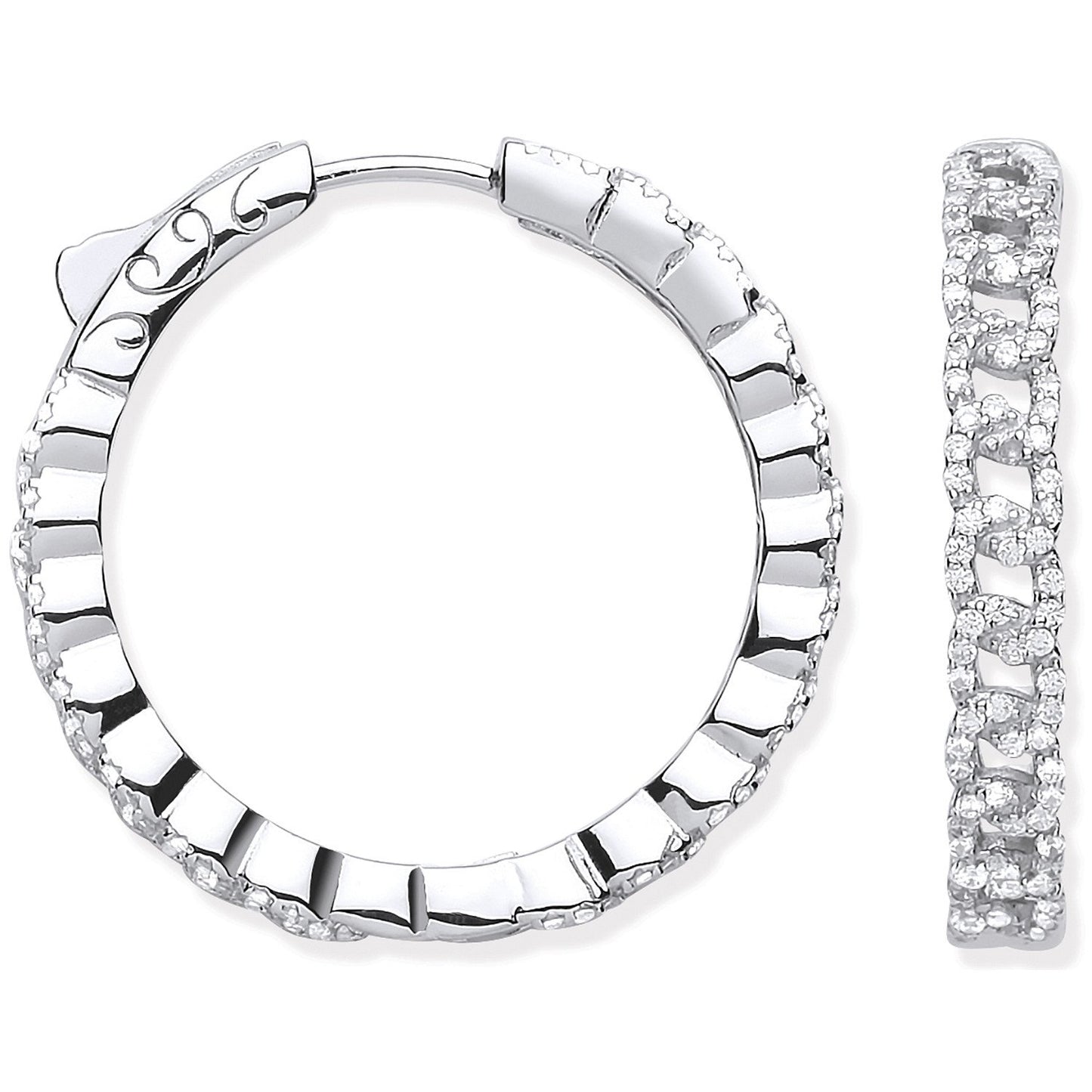 Silver Curb Chain Link Cubic Zirconia Hoop Earrings