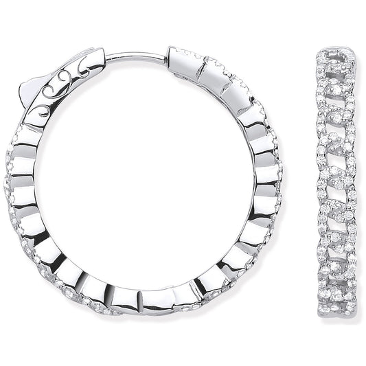 Silver Curb Chain Link Cubic Zirconia Hoop Earrings