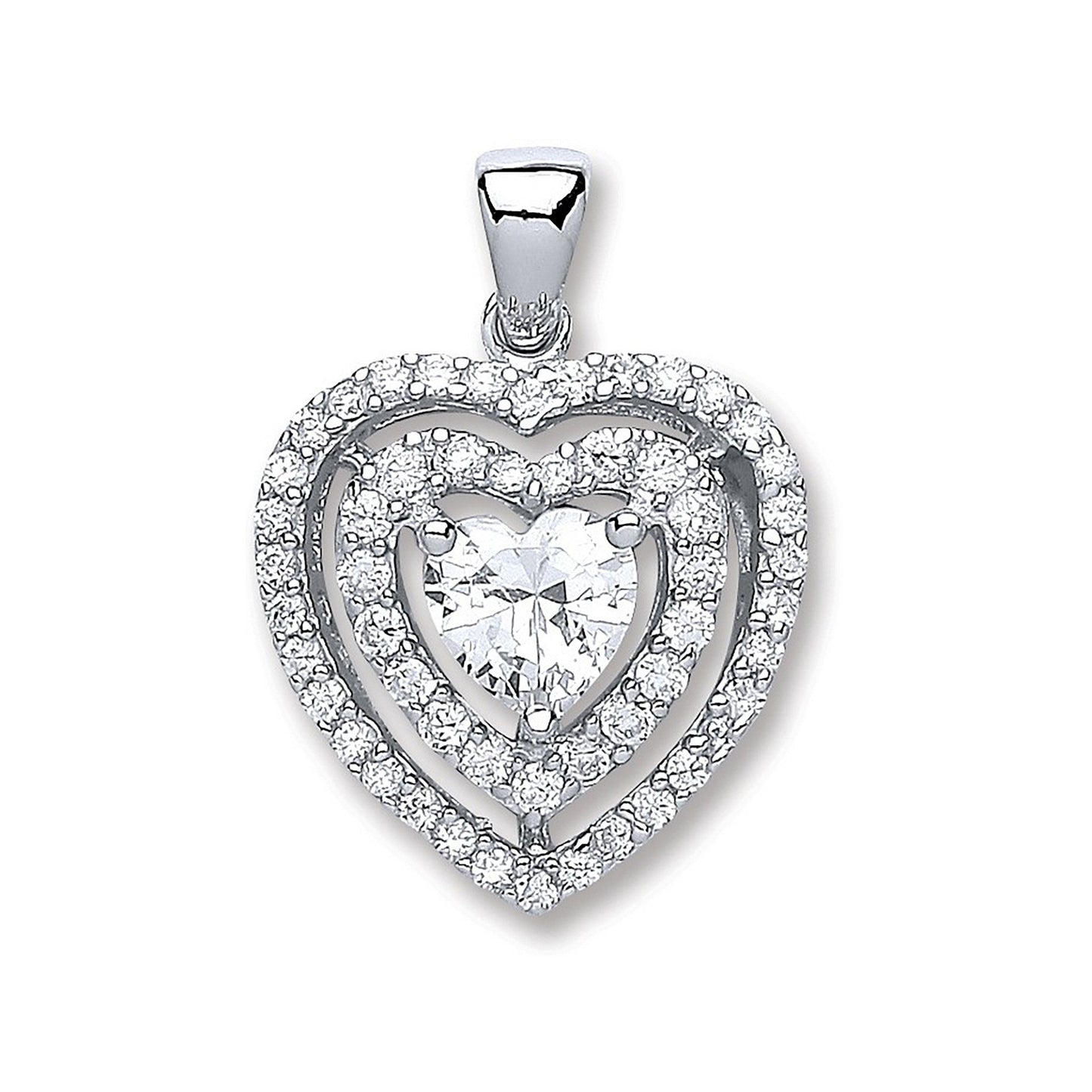 Silver Heart Cubic Zirconia with Two Row of Cubic Zirconias Pendant