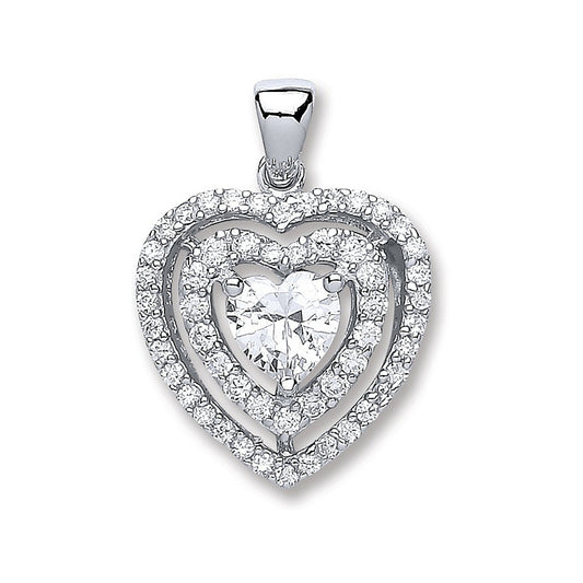 Silver Heart Cubic Zirconia with Two Row of Cubic Zirconias Pendant