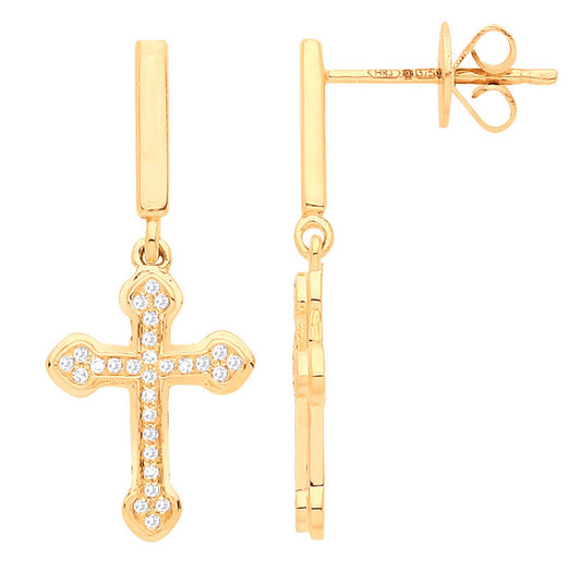 9ct Yellow Gold 0.09ctw Cross Earrings