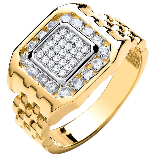Yellow Gold Panther Link & Cubic Zirconias Gents Ring