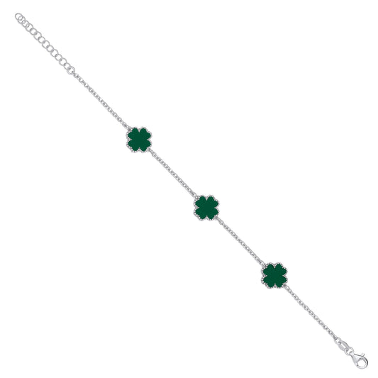 Silver Green Enamel Four Leaf Clover Bracelet