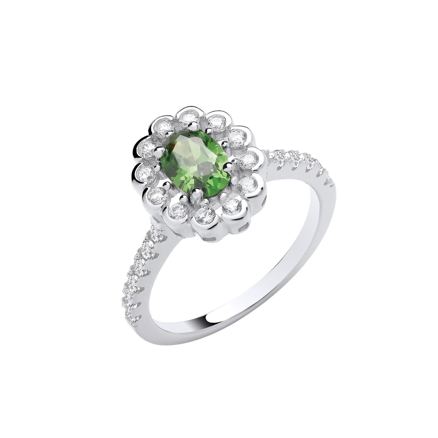 Silver Green Oval Cubic Zirconia Halo Ring