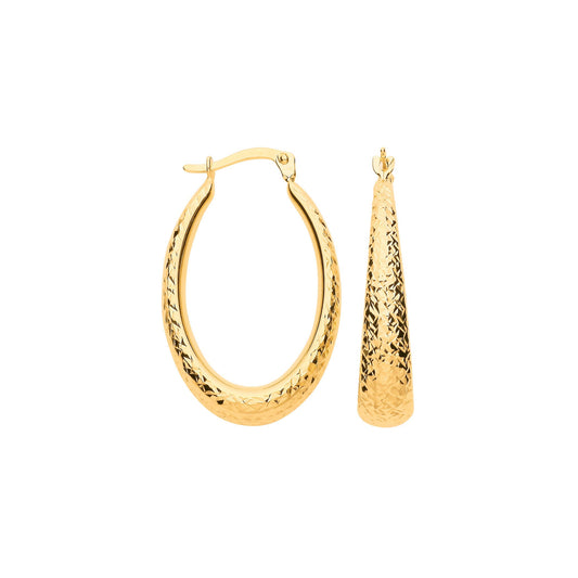 Yellow Gold Diamond Cut Elongated Oval Hoop Earrings
