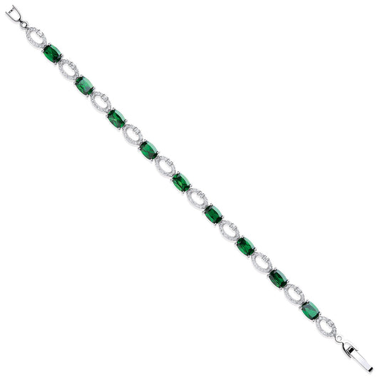 Silver Oval Cut Green & Clear Cubic Zirconias Tennis Bracelet