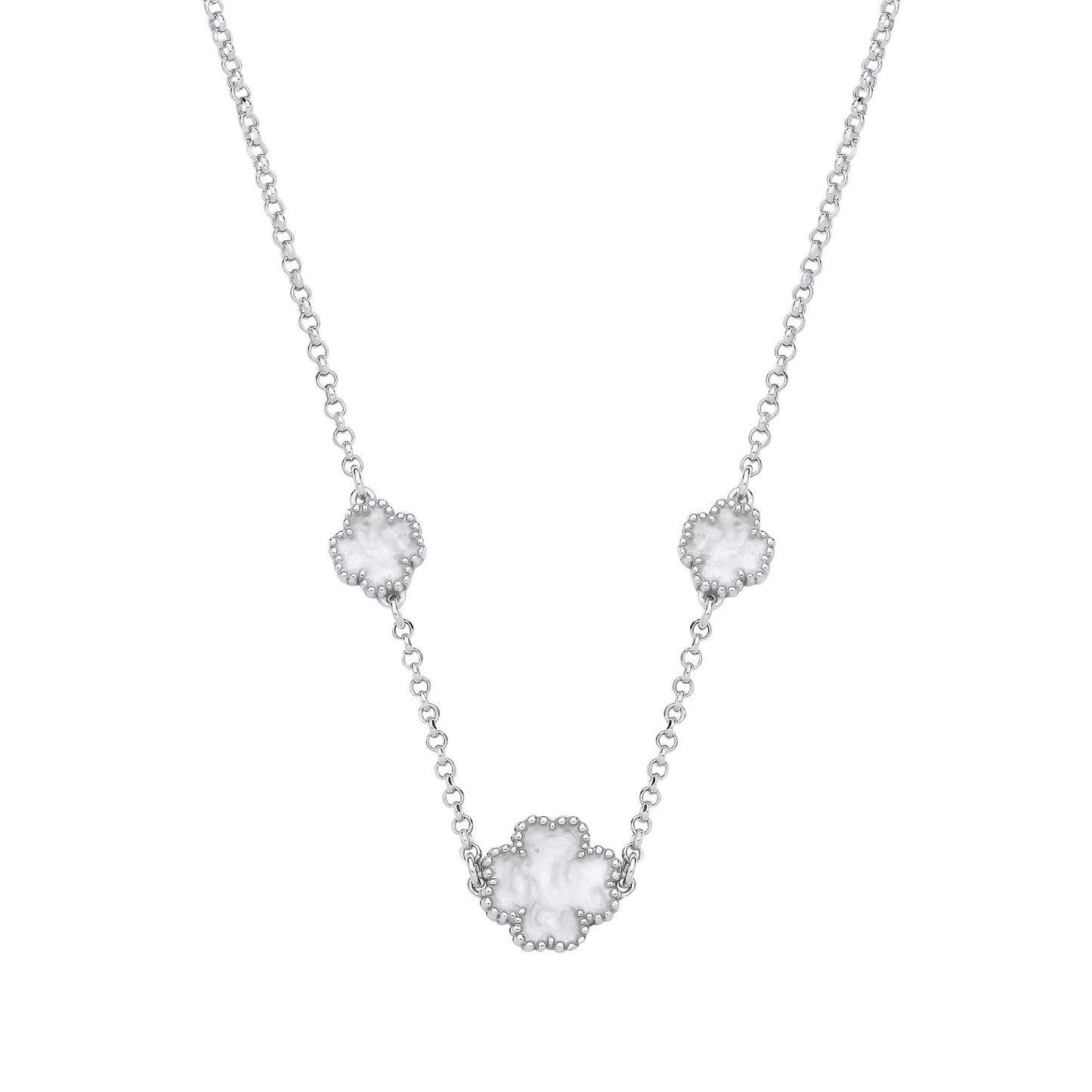 Silver White Enamel Four Leaf Clover Necklace