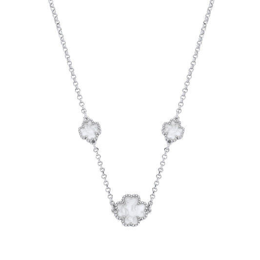Silver White Enamel Four Leaf Clover Necklace