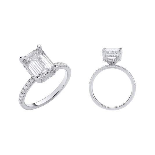 18ct White Gold 3.30ctw Emerald Cut Lab Grown Hidden Halo Diamond Ring IGI Certified