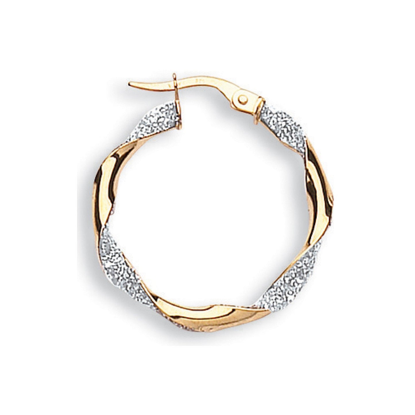 Yellow and White Gold Glitter Finish Twisted 25mm Hoop Earrings