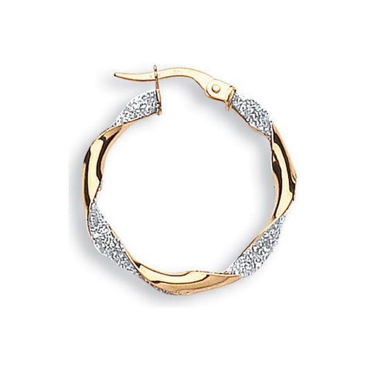 Yellow and White Gold Glitter Finish Twisted 25mm Hoop Earrings