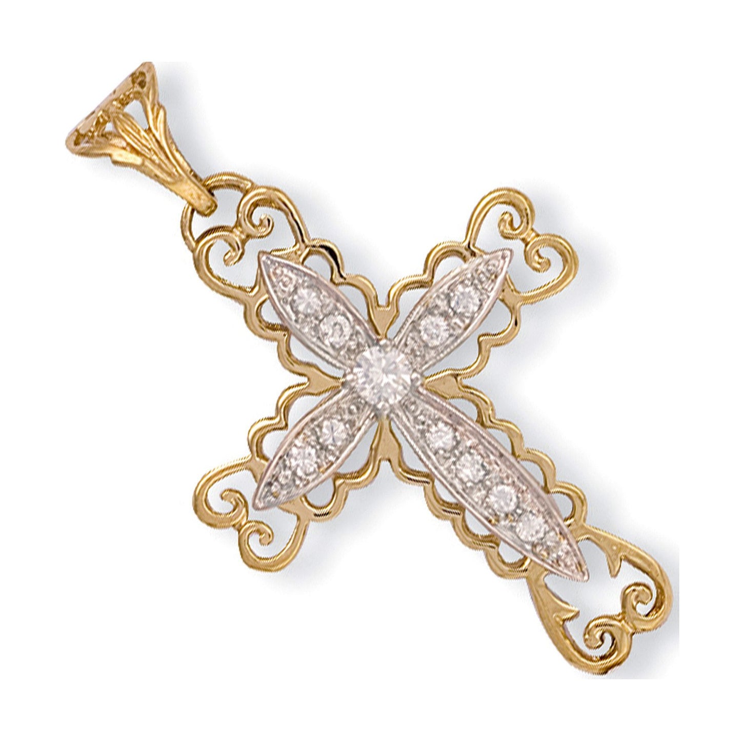Yellow Gold Fancy Pave Set Cubic Zirconia Cross - 26.1mm