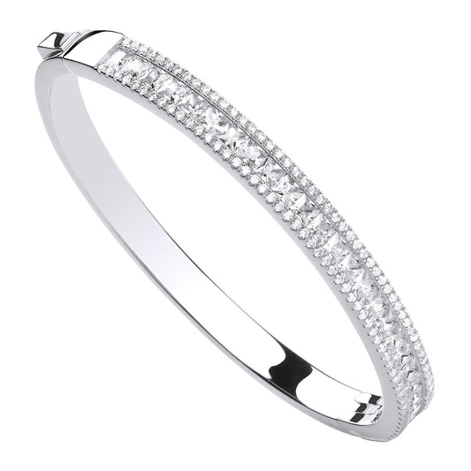 Silver Hinged Princess Cut & Round Cubic Zirconias Bangle