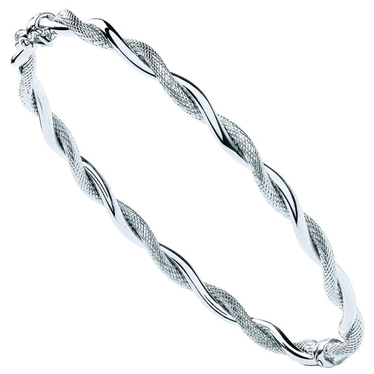White Gold Plain & Diamond Cut Twist Ladies Bangle