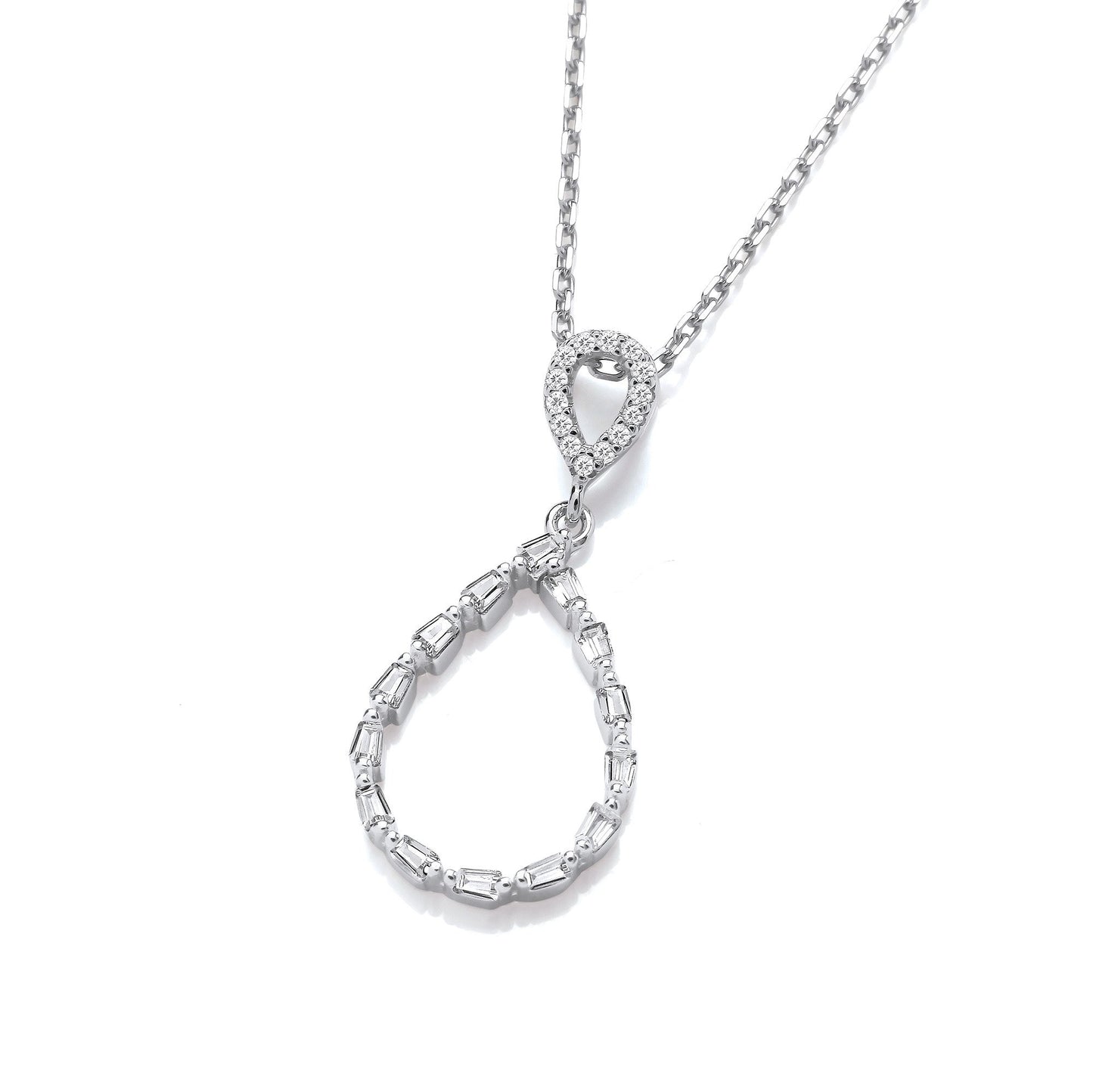 Teardrop Baguette Cubic Zirconias Silver Pendant with Chain