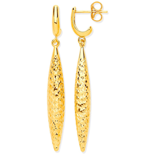 Yellow Gold Hollow Drop Diamond Cut Finish Earrings