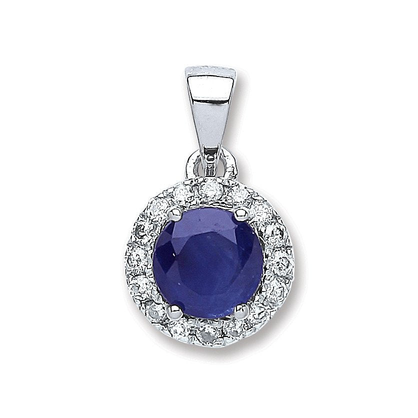 9ct White Gold 0.15ct Diamond, 0.6ct 5mm Round Sapphire Pendant