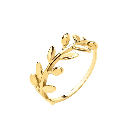 Yellow Gold Leaf with Olives Ladies Ring