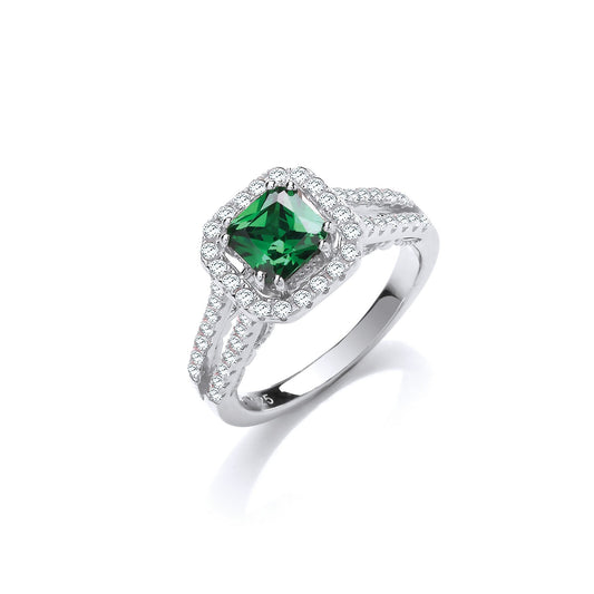 Green Pear Cut Cubic Zirconia High Setting Split Shank Fancy Silver Ring