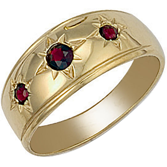 Yellow Gold Gents 3 Stone Garnet Ring (HNN-10C10E)