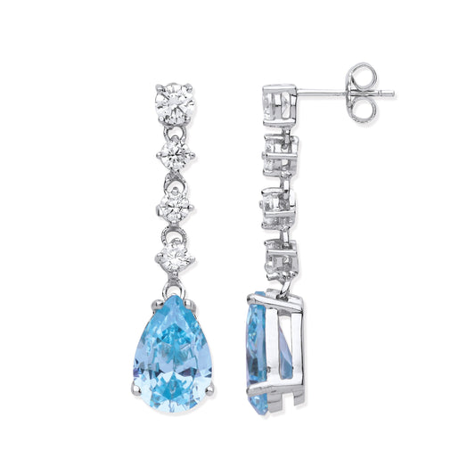 Silver Clear & Aquamarine Colour Cubic Zirconias Long Drop Earrings