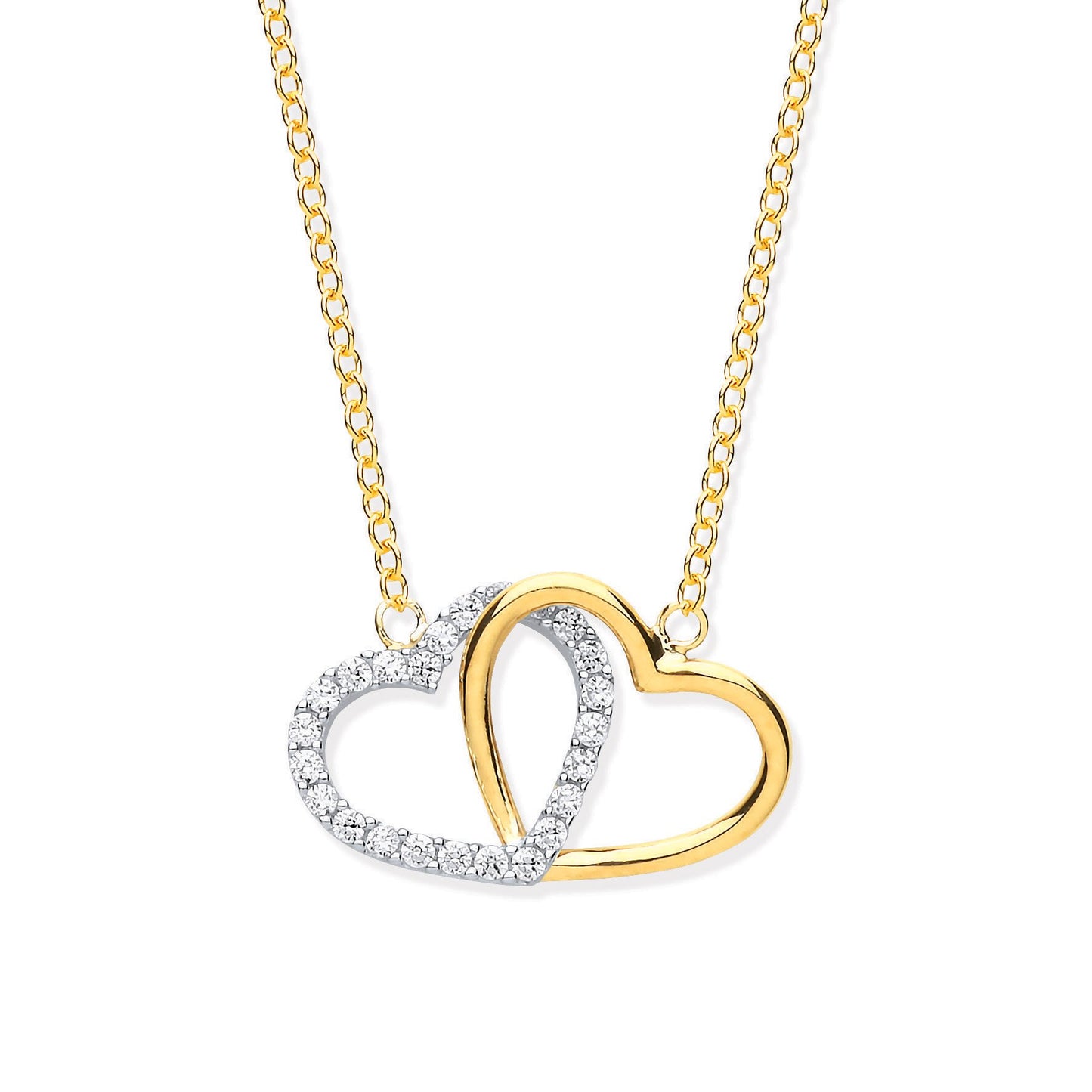 Yellow and White Gold Plain and Cubic Zirconia Joined Hearts Pendant on 18" Chain