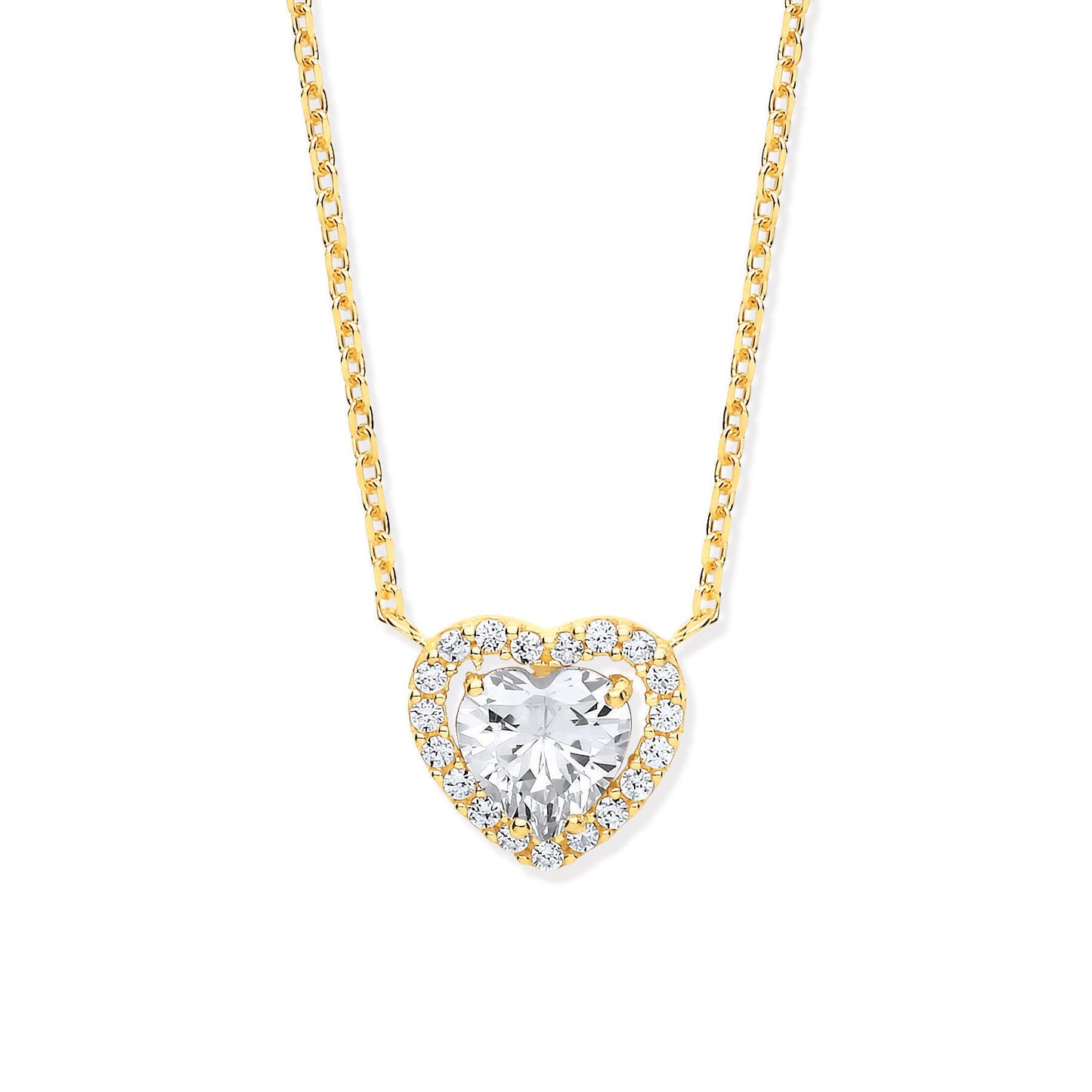 Yellow Gold Heart Halo Style Cubic Zirconias Pendant on 18" Chain
