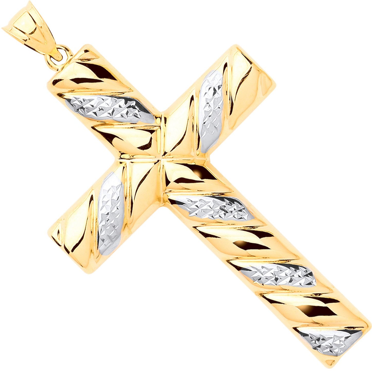 Yellow and White Gold Large Hollow Tube Ribbed Cross