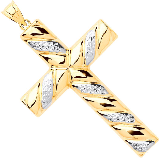 Yellow and White Gold Large Hollow Tube Ribbed Cross