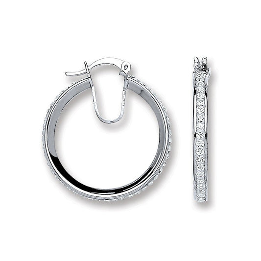 Silver Single Row Crystal Hoop Earrings - 3.2mm