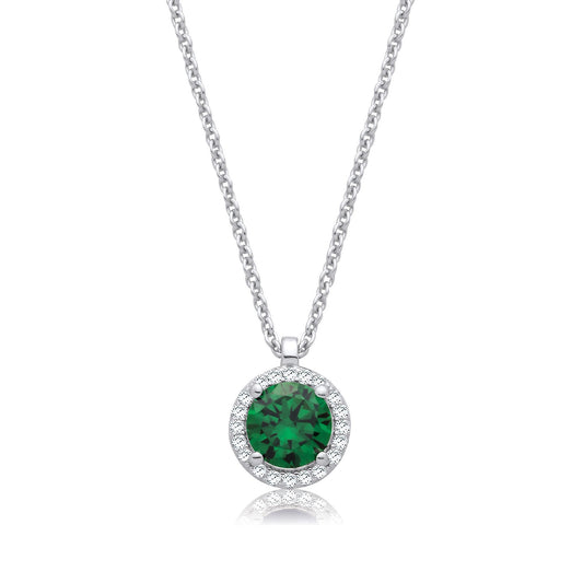 Emerald Green and Clear Cubic Zirconias Halo Pendant with Chain