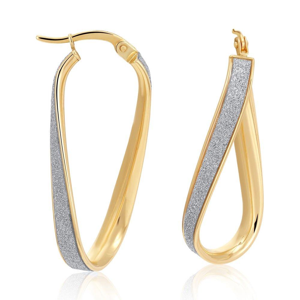 Yellow Gold Glitter Oval Twist Hoop Earrings