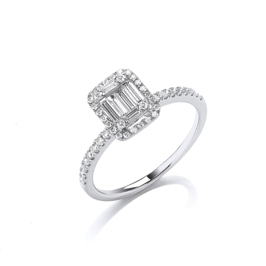 18ct White Gold 0.50ct Baguette & Brilliant Cut Diamonds Rectangle Halo Ring