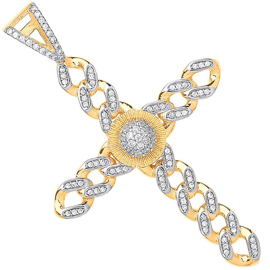 Yellow and White Gold Large Round Charm Cubic Zirconia Curb Link Cross