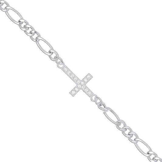 Silver Figaro Chain with Cubic Zirconia Cross Bracelet