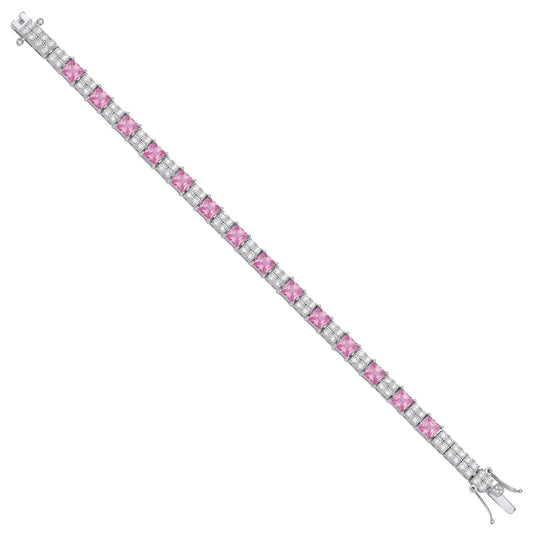 Silver Pink and Clear Cubic Zirconia Tennis Ladies 6.2mm Bracelet