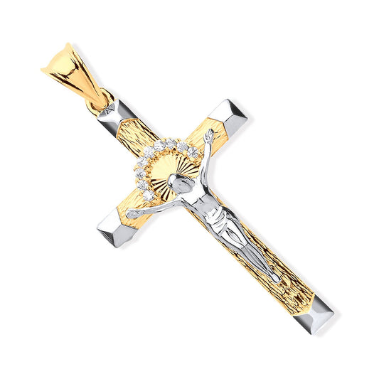 Yellow and White Gold Crucifix with Cubic Zirconias