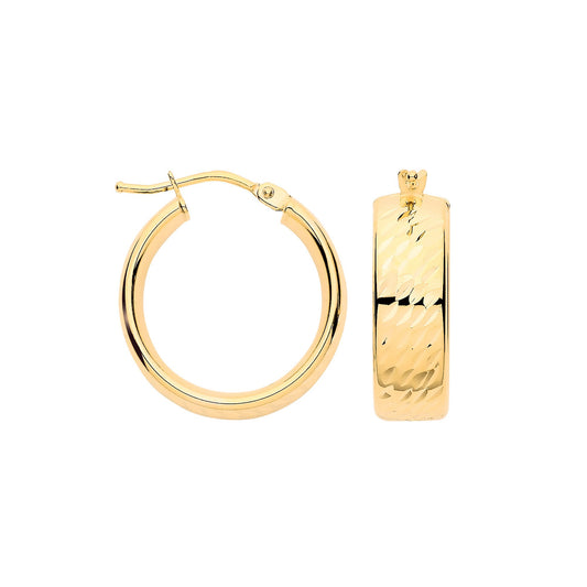 Yellow Gold 15mm Diamond Cut Wide Hoops