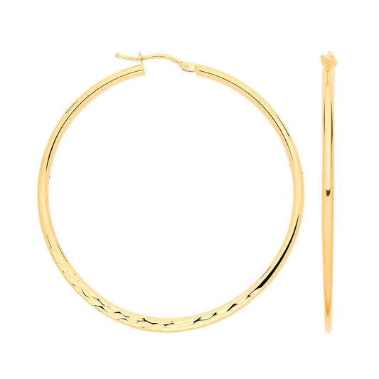 Yellow Gold 40mm Half Diamond Cut Half Plain Hoops