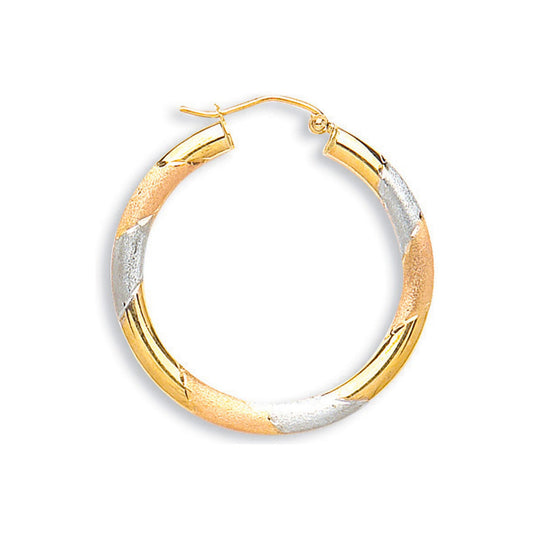 Yellow, White & Rose Gold Diamond Cut 30mm Hoop Earrings